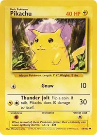 Pikachu Base Set Pikachu Pokemon card, the iconic yellow electric mouse pokemon with red cheeks.