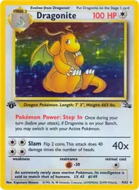 Dragonite Holographic dragonite pokemon card. The cute dragon pokemon sitting down with a rainbow background.